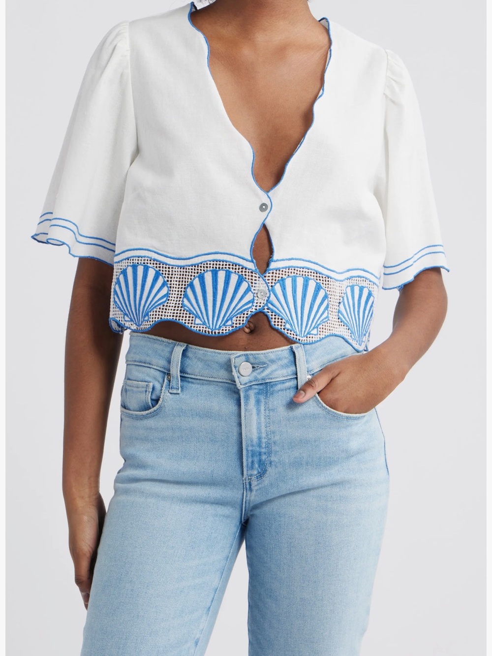 Rails White Cropped Cardigan with Blue Shell Embroidery